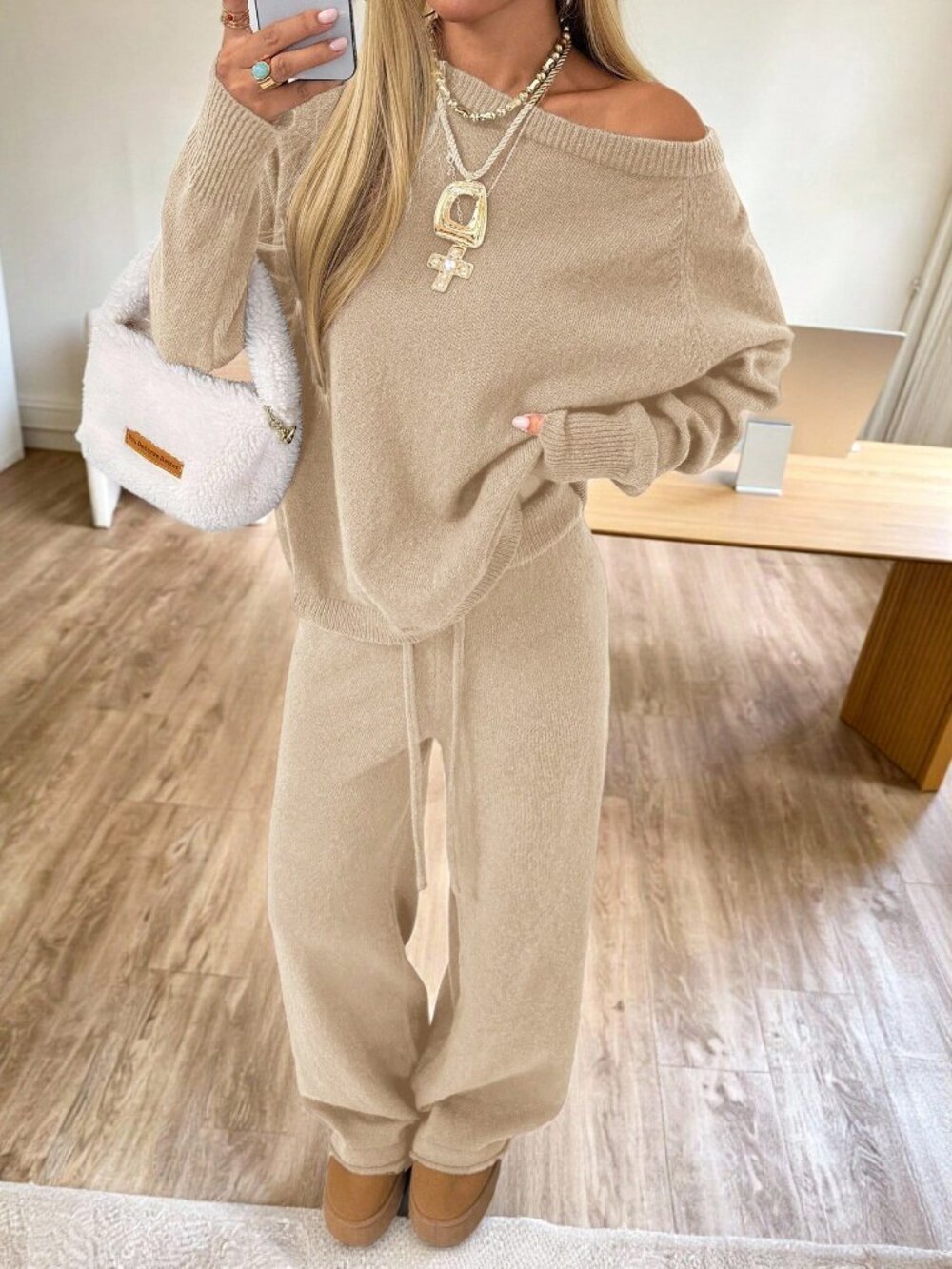 Apricot Casual Womens Raglan Sleeve Loose Knit Sweater & Wide Leg Knit Pants Set